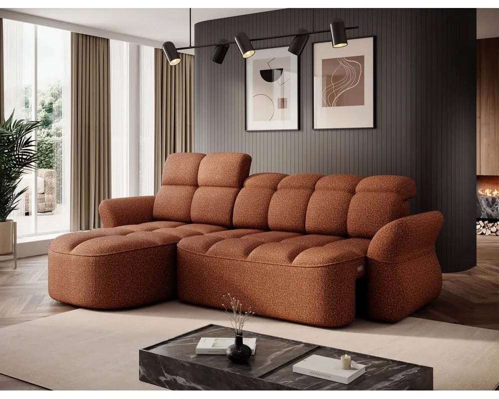 Terrakotta színű bársony kinyitható-tárolóhelyes sarokkanapé (bal oldali-heverő résszel) Beneth – ELTAP