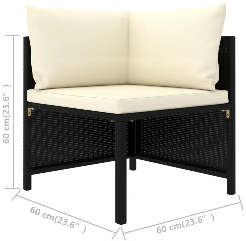 3 személyes fekete polyrattan kerti kanapé párnákkal