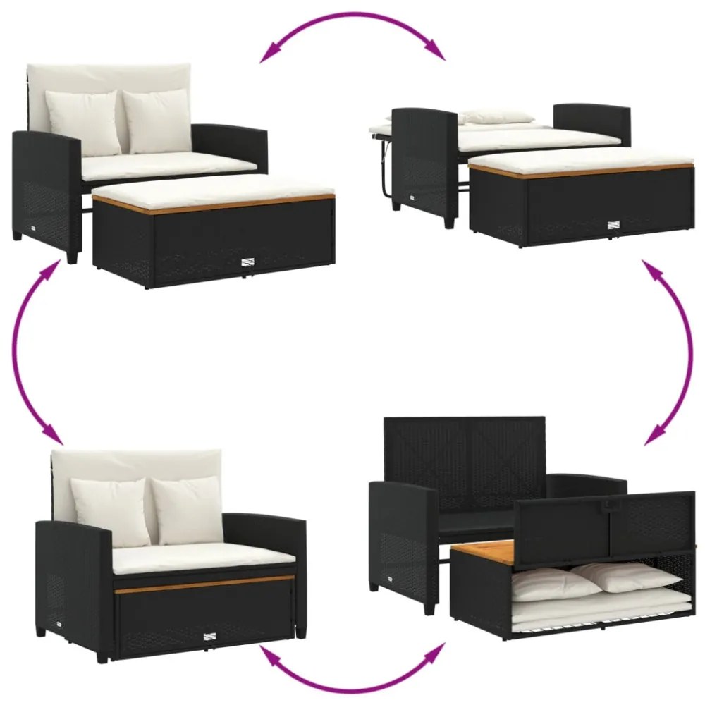 2 személyes fekete polyrattan/akácfa kerti kanapé párnával