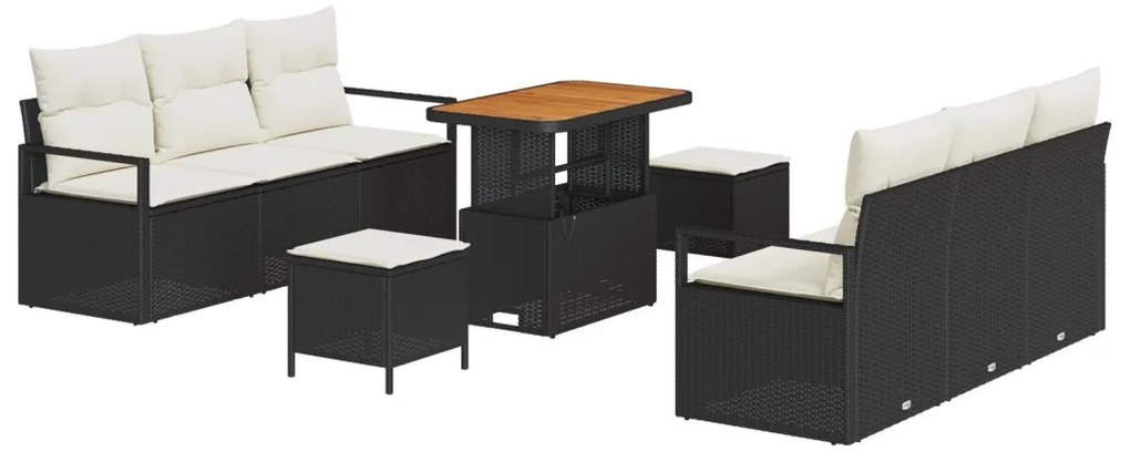 9 Darabos Kert Kanapé Készlet Párnákkal Fekete Poli Rattan Akácia, 2-Fős Kert Kanapé Tárolóval és Párnákkal Fekete Poli Rattan, 3 Darabos Kert Étkező Készlet Párnákkal Fekete Poli Rattan Akácia
