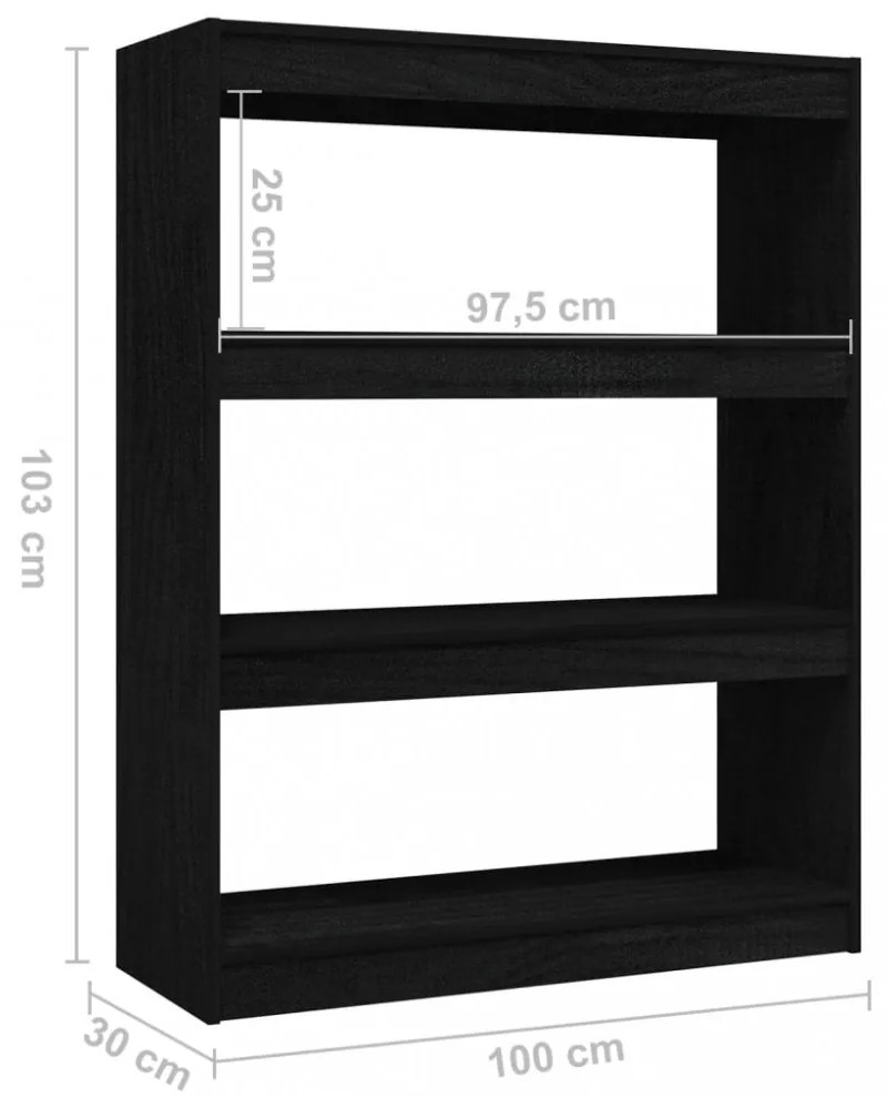 fekete tömör fenyőfa könyvszekrény/térelválasztó 100 x 30 x 103 cm