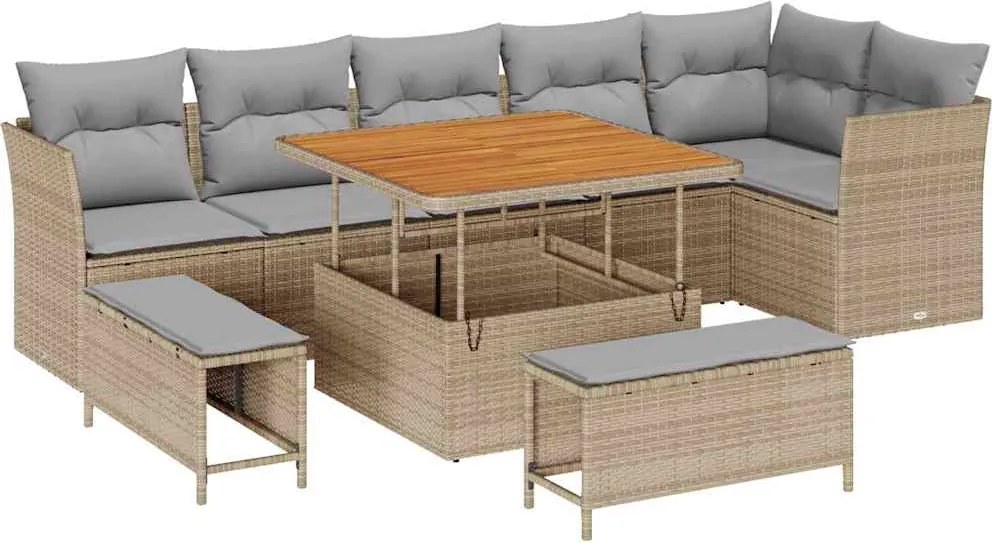 vidaXL Kerti Kanapé Szett 9 pcs Bézs polirattan