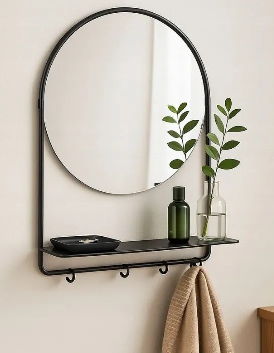 Fali Tükör Polccal És Akasztókkal Loft Akasztók 31,5X46,5 Acél Fekete