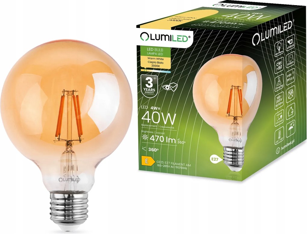 Led izzó E27 G125 Globe 4W Dekorációs Gömb Filament Amber Borostyán Retro