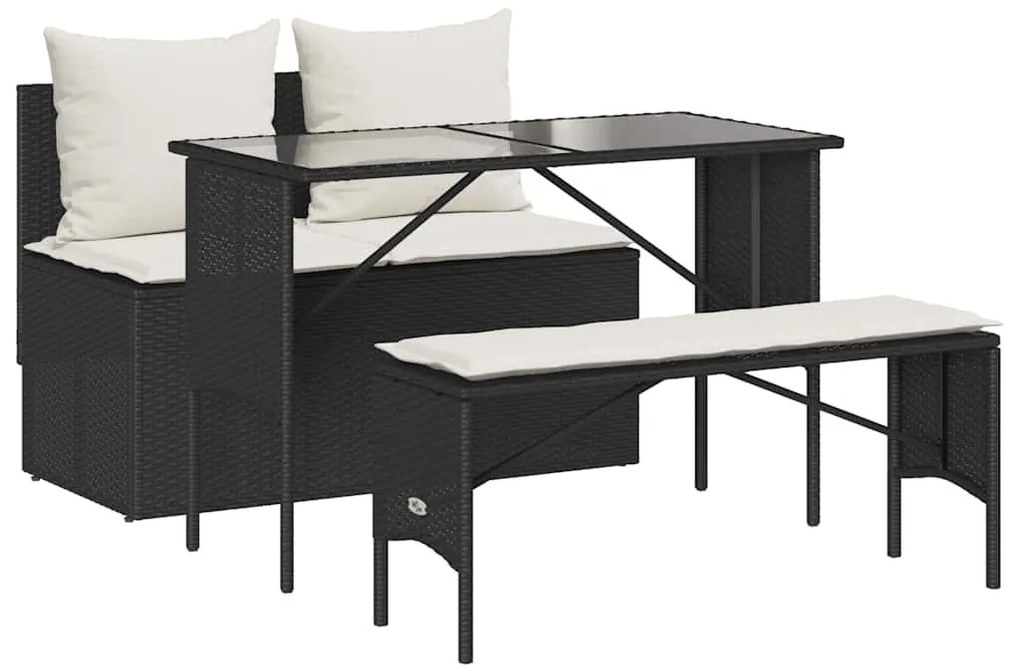 3 részes fekete polyrattan kerti étkezőgarnitúra párnákkal