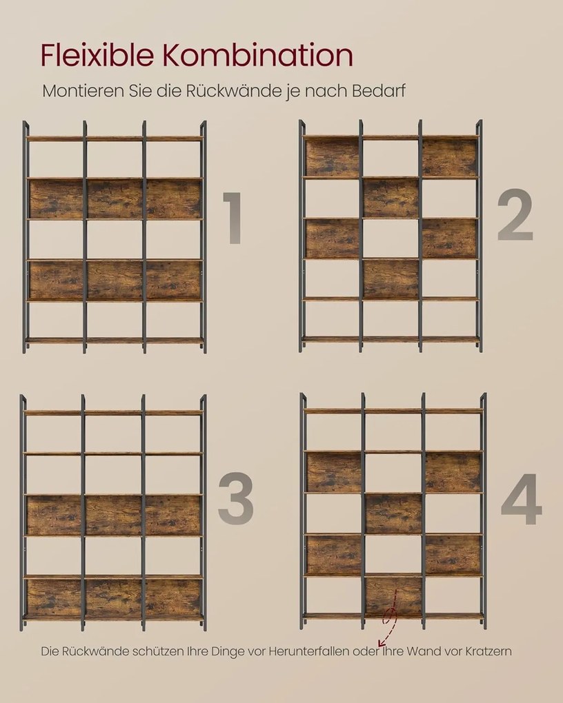 VASAGLE könyvespolc, állópolc 6 nyitott polcszinttel 24x128x187,1 cm, vintage barna–tintafekete