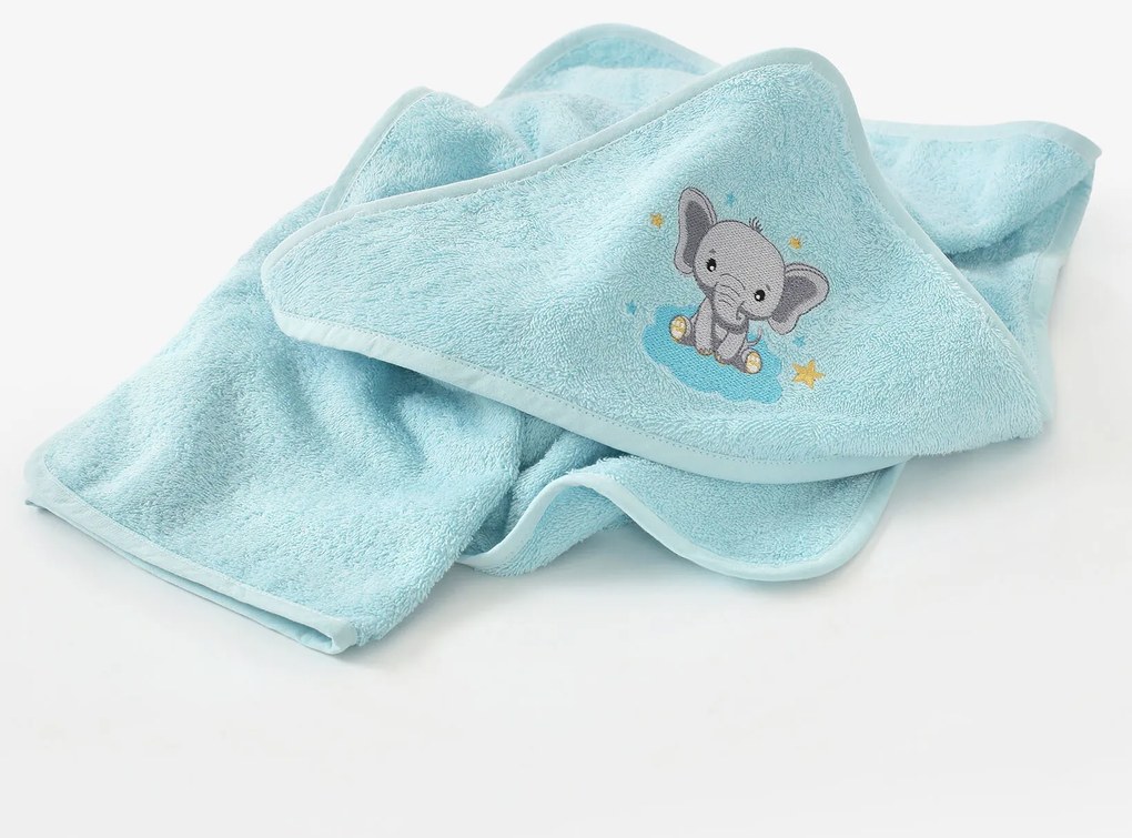 Goldea gyermek frottír fördőlepedő csuklyás - kék alapon elefánt 100 x 100 cm