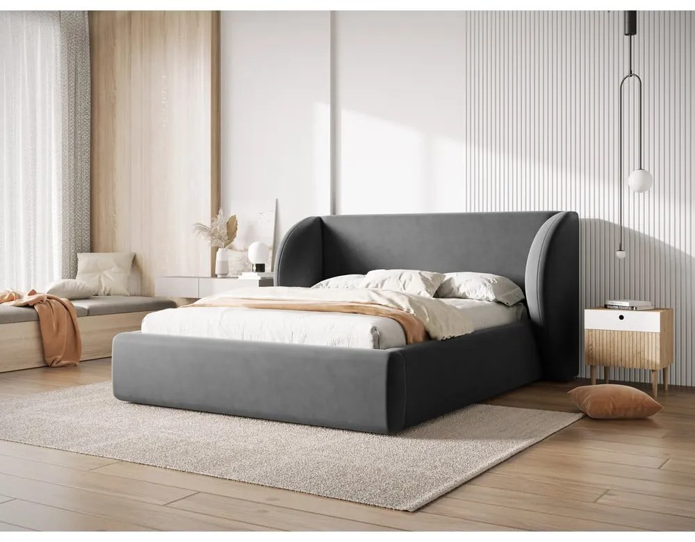 Sötétszürke kárpitozott franciaágy tárolóhellyel, ágyráccsal 200x200 cm Miley – Micadoni Home