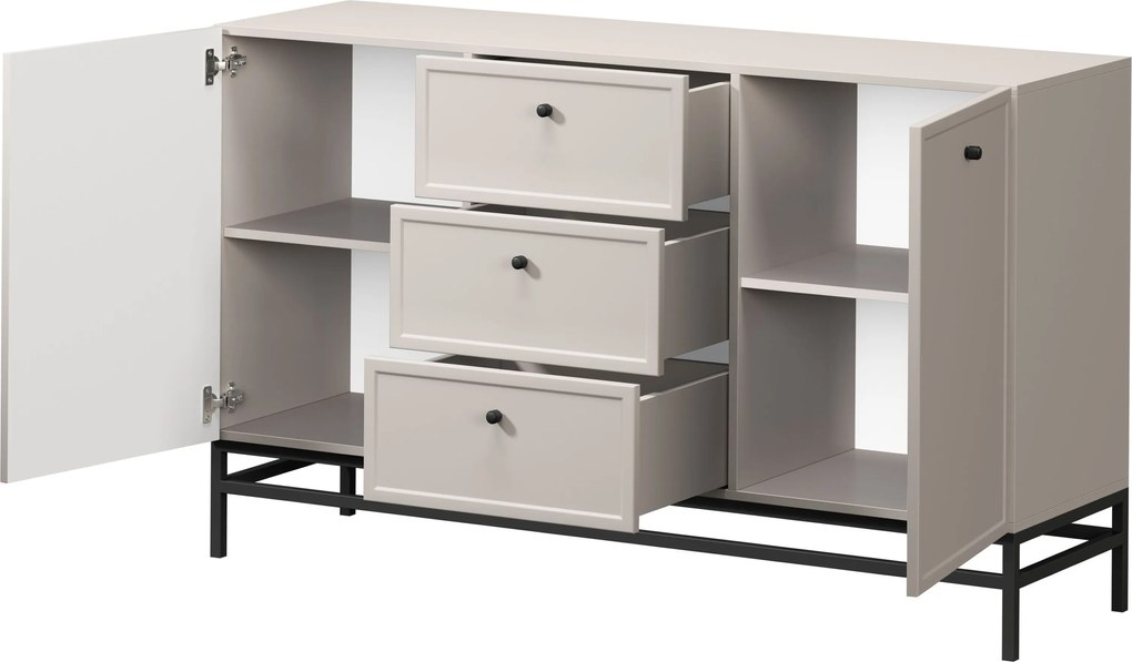 Lorini komód 150 cm fiókokkal - kasmír / fekete fogantyúk / fém lábak