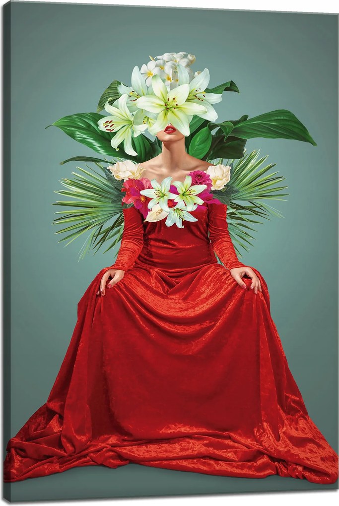 Vászonkép Piros Ruha Nő Virágok 40x60 cm Ideális ajándék