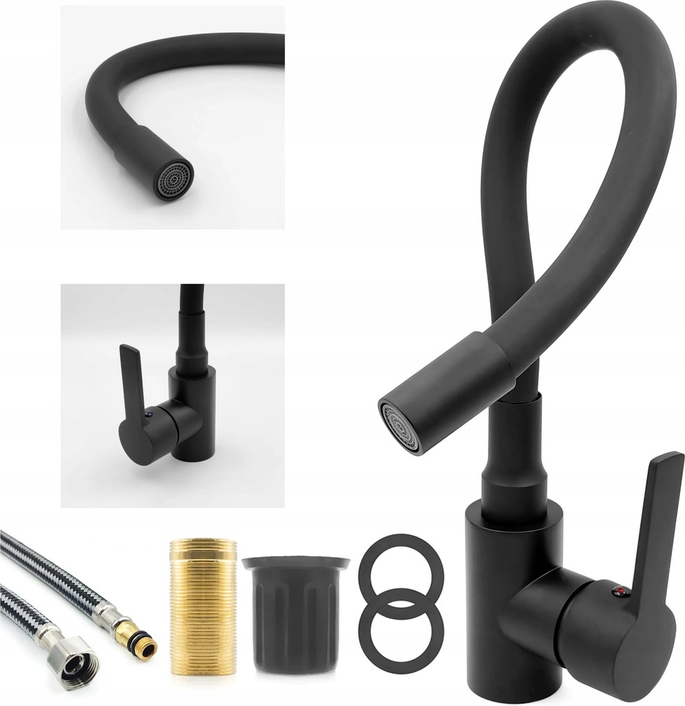 Fekete Konyhai Csaptelep Mosogató Csaptelep Flexibilis Kifolyócső Flex 360°