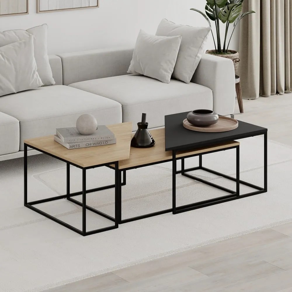 Natúr színű dohányzóasztal szett tölgyfa dekoros asztallappal, 3 db-os 70x110 cm Titan – Marckeric