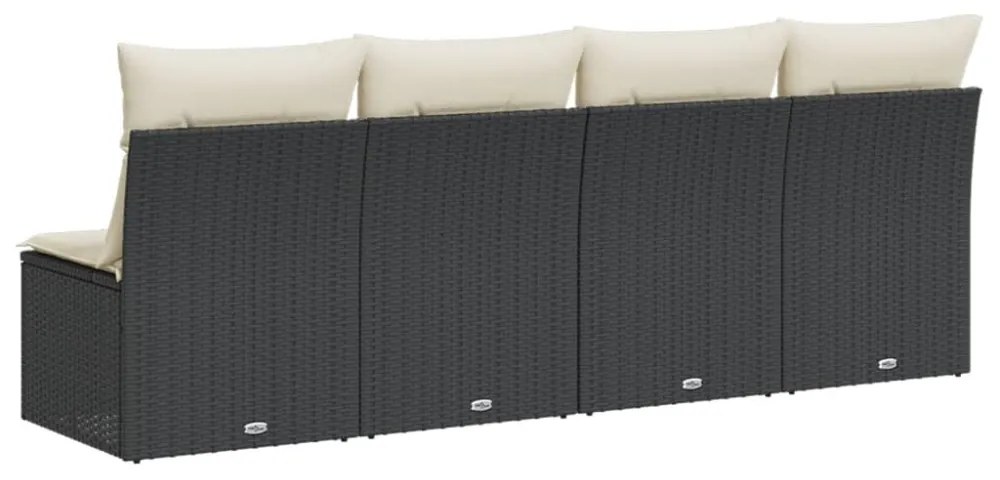 4 személyes fekete polyrattan kerti kanapé párnával