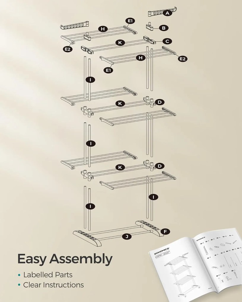 Összecsukható 4 szintes ruhaszárító állvány, mozgatható, 64 x 126 x 172 cm, rozsdamentes acél, lehajtható szárnyakkal, fehér