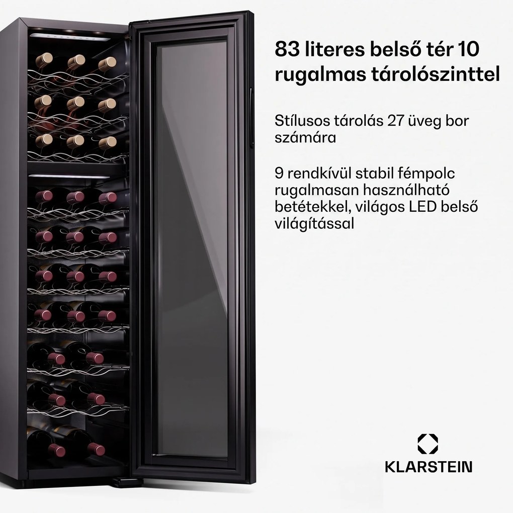 Klarstein Shiraz 27 Duo, borhűtő, 2 zóna, 83 l/27 palack, 5-18 / 5-18 °C, érintésvezérlés