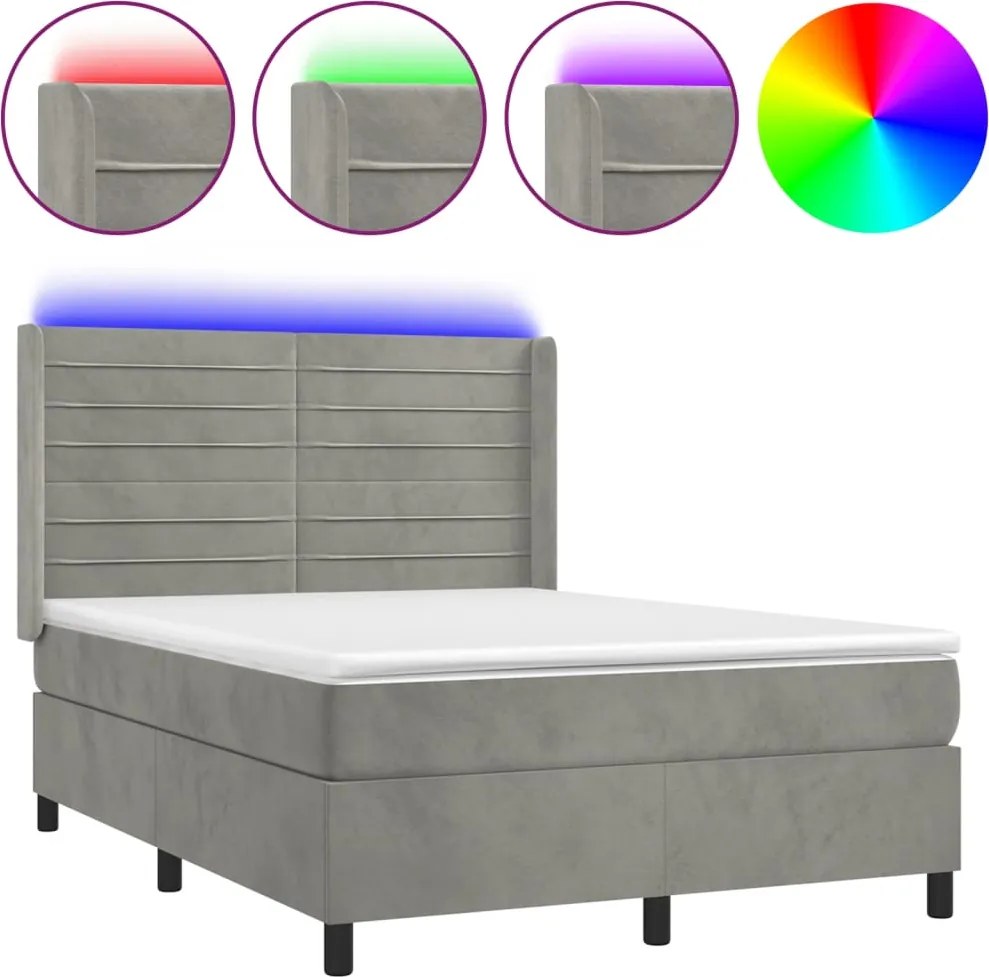 vidaXL világosszürke bársony rugós és LED-es ágy matraccal 140x190 cm