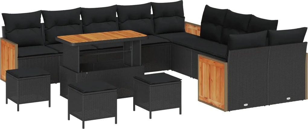 vidaXL Kerti Kanapé Szett 14 pcs Fekete Poli Rattan és Porfestett Acél
