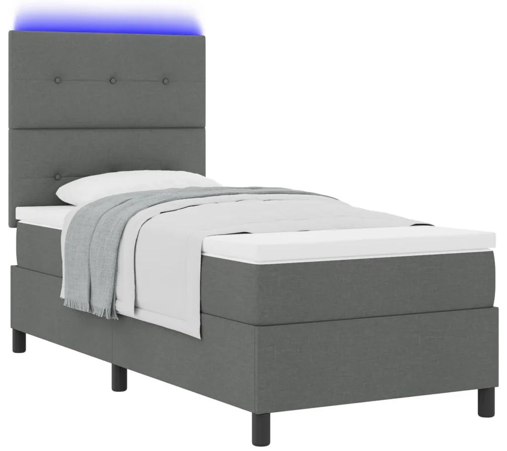 rugós ágy matraccal és LED világítással, sötétszürke, 90x200 cm szövet