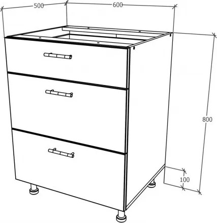Benita 3 fiókos Alsó konyhaszekrény Fehér 60x50x80 cm