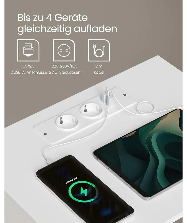 VASAGLE éjjeliszekrény 2 darabos szett beépített töltőfunkcióval, matt fehér