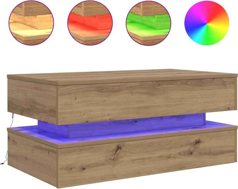vidaXL kézműves tölgy színű dohányzóasztal LED-lámpákkal 90x50x40 cm