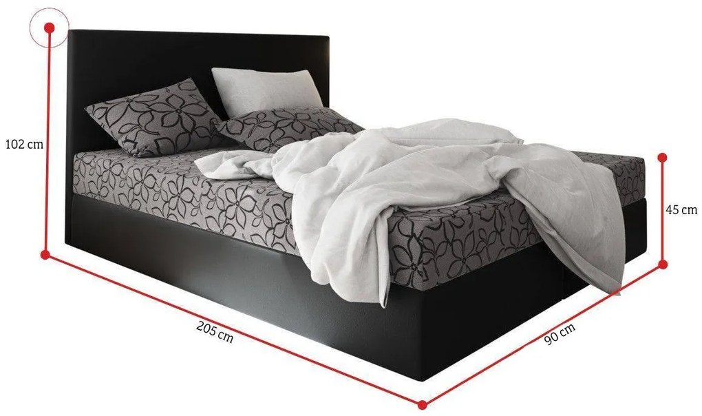 ELONA 2 kárpitozott boxspring ágy, 90x200, flowes 83/sioux fekete, balos