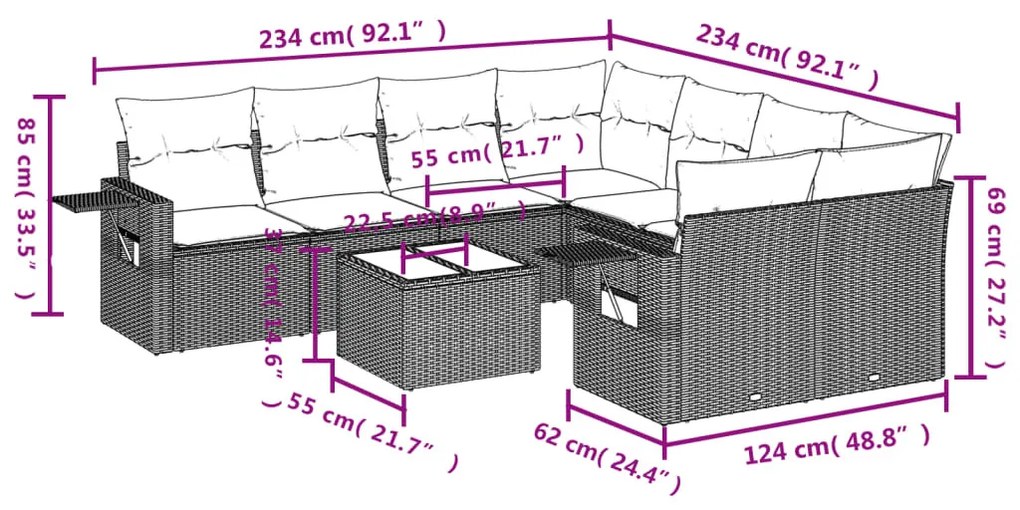 9 részes fekete polyrattan kerti ülőgarnitúra párnákkal