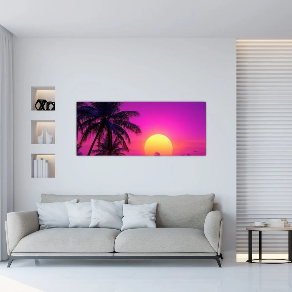 Kép - Lila naplemente pálmafával (120x50 cm)