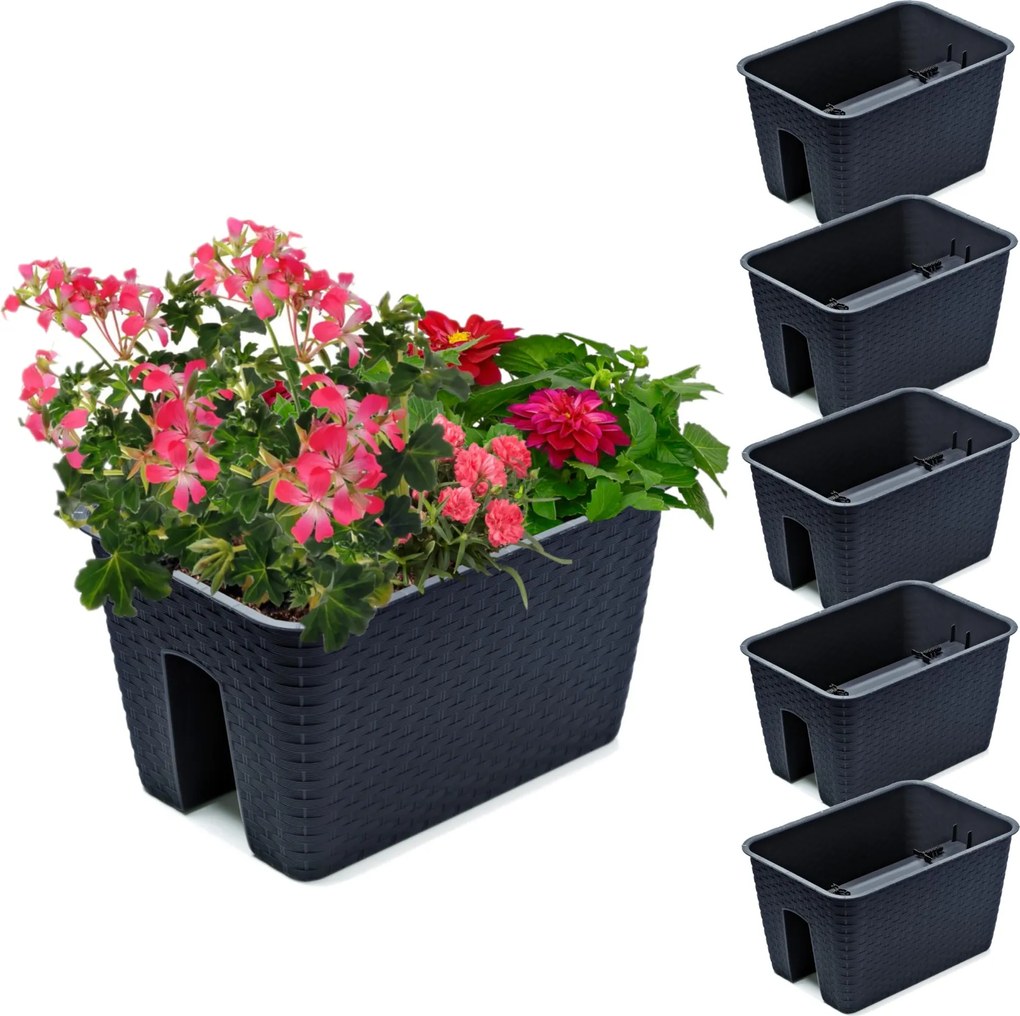 5x Virágtartó doboz 27,2 x 39,6 cm Rattan antracit 13 L korlát