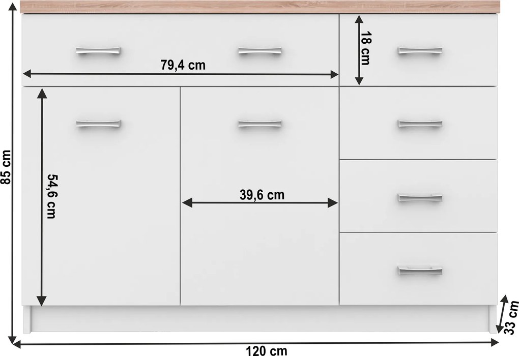 Komód 2d5s, fehér/tölgy sonoma, TOPTY TYP 08