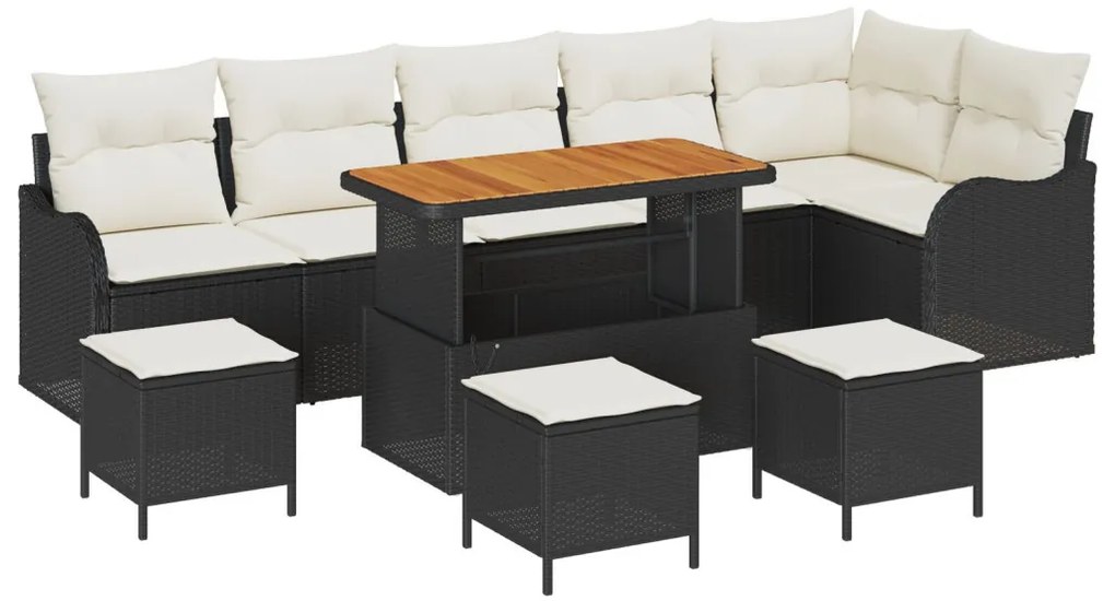 10 részes kerti kanapé szett párnákkal fekete polyrattan akác, 2 személyes kerti kanapé tárolóval és párnákkal fekete polyrattan, 4 részes kerti étkező szett párnákkal fekete polyrattan akác