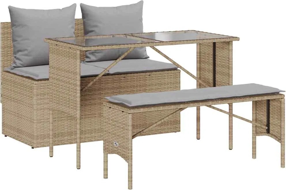 vidaXL 3 részes bézs polyrattan kerti étkezőgarnitúra párnákkal