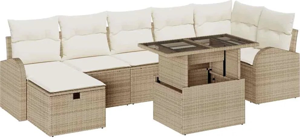 vidaXL Kerti Kanapé Szett párnával tárolóval 8 pcs Bézs Poli rattan