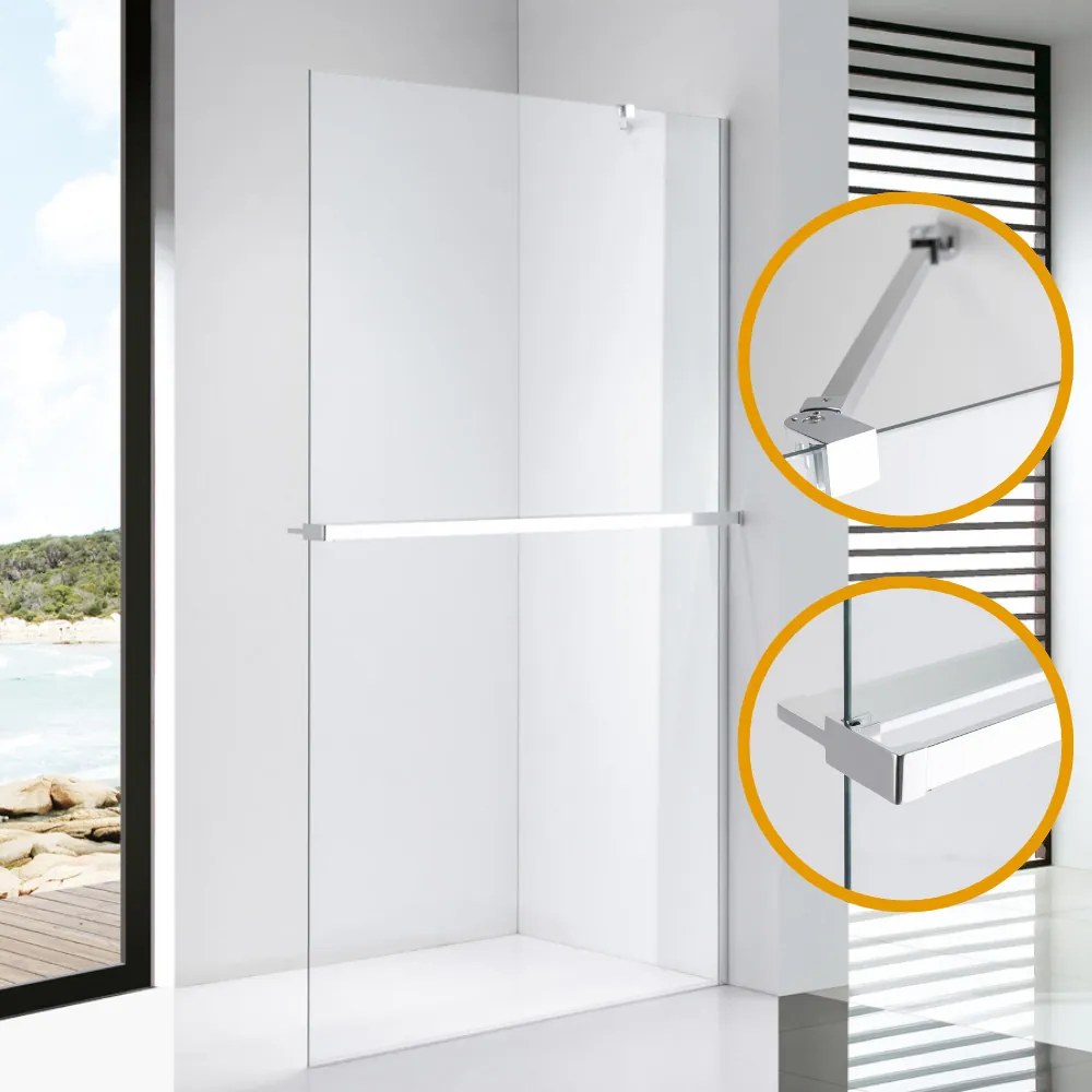 Stuxi Milano Easy Plus Walk-in zuhanyfal, 140x200 cm, 8 mm vastag vízlepergető üveggel, helytakarékos stabilizátorral, polccal, törölközőtartóval