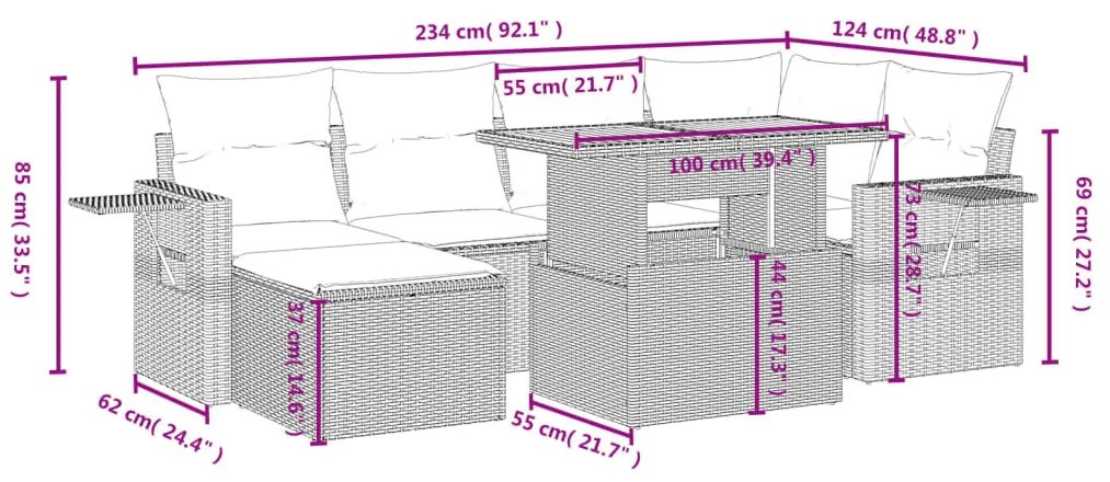 7 részes fekete polyrattan kerti ülőgarnitúra párnával