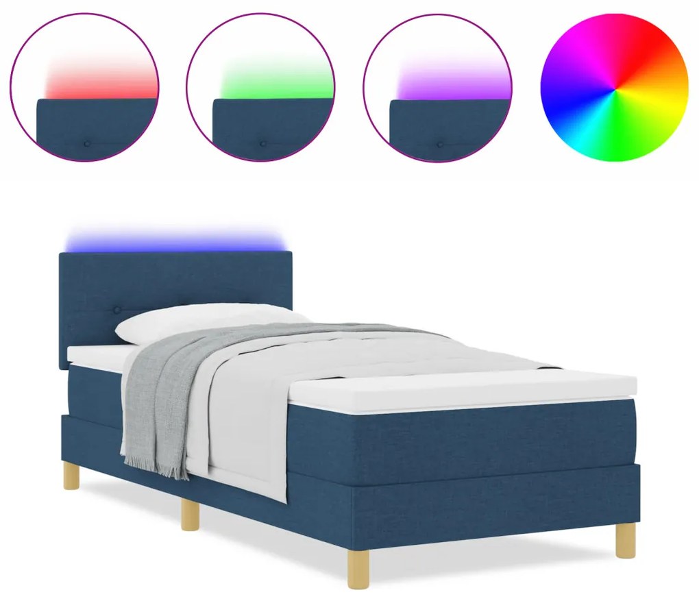 Box Spring Ágy Mattal & LED Kék 100x200 cm Szövet