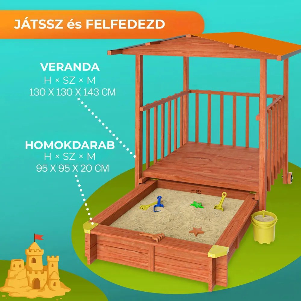 SUNNY verandás homokozó, 130x130x143cm, barna/narancssárga Jurhan