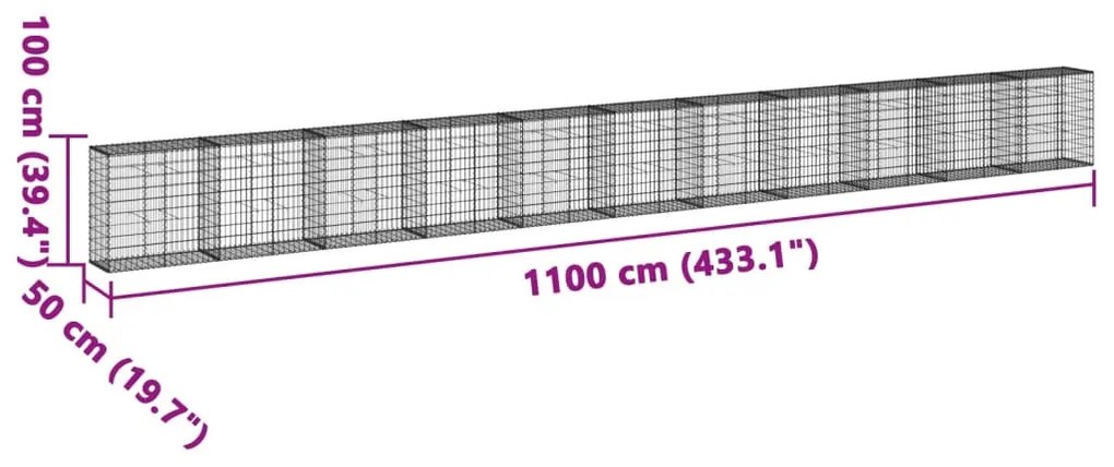 horganyzott vas gabion kosár fedéllel 1100 x 50 x 100 cm