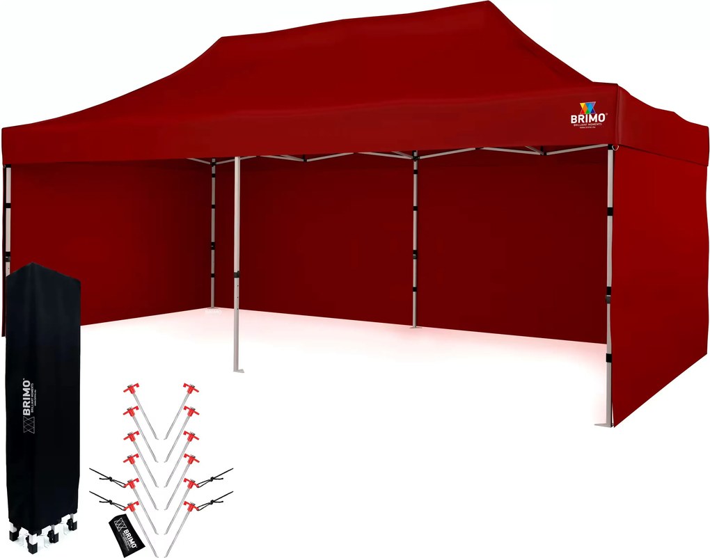 Párty sátor 3x6m Keresztvázas (3 fal) - Acél szerkezet és ponyva 320g/m² - plusz 3 oldalfal - Piros