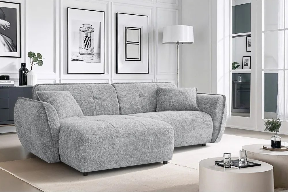 Világosszürke zsenília sarokkanapé (bal oldali-heverő résszel) Nelia – Ropez