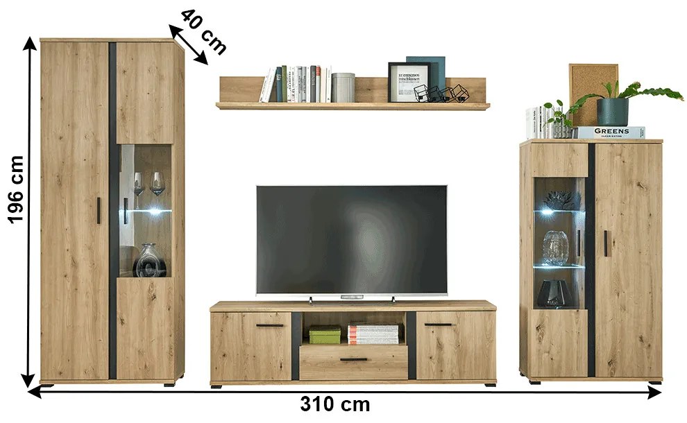 Nappali fal/szekrénysor, artisan tölgy/fekete, KANODE