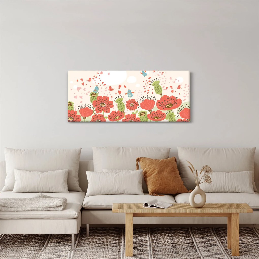 Kép - Madarak egy virágzó réten (120x50 cm)