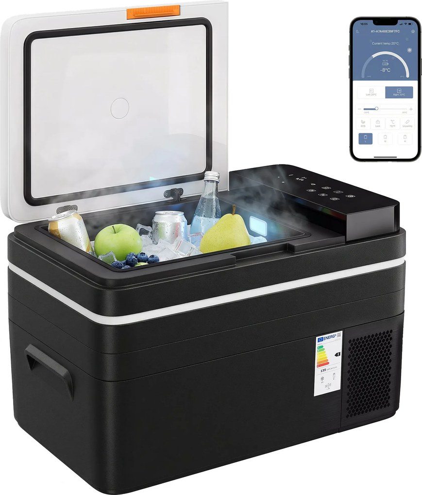 Outsunny 30 L autós elektromos hűtő, appvezérlés, MAX/ECO módok, 12/24V & 100–240V, -20–20 °C, 30 L, fekete | Aosom