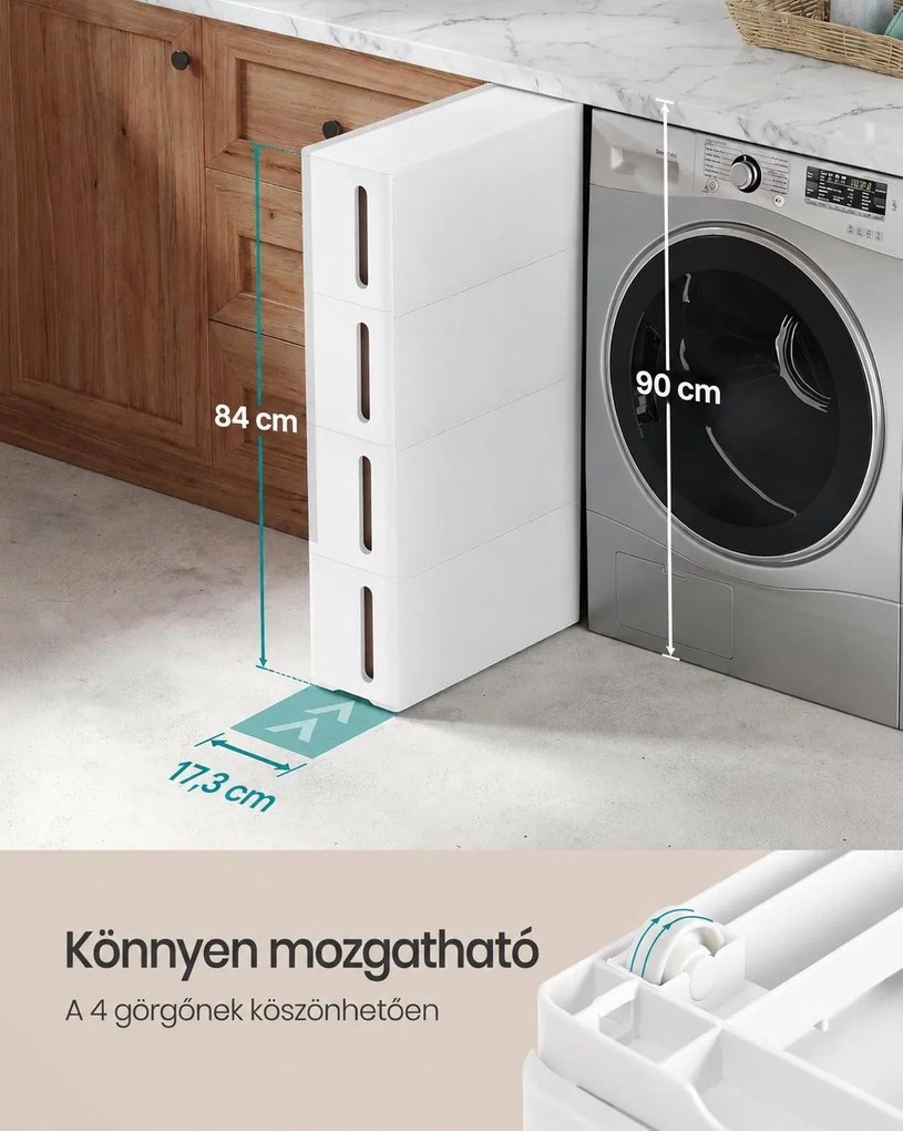 Keskeny gurulós tárolószekrény, 4 fiókkal, 40 L, 17,3 x 45,2 x 84 cm, felhőfehér