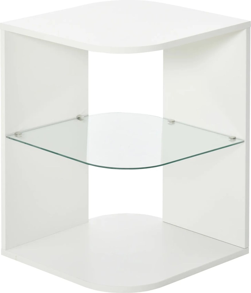 HOMCOM Modern Elegáns Nappali Oldaltábla Ágy Mellé Tábla 3 Polccal Üveg Tetejű Kávézó Asztal 40x40x56 cm Fehér | Aosom