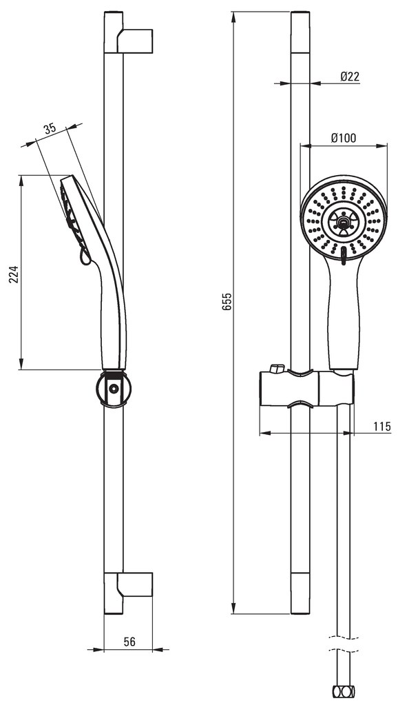 Deante Floks, zuhanyoszlop 65cm 3 funkciós kézi fejjel és zuhanycsővel 150cm, króm, NGF_051K