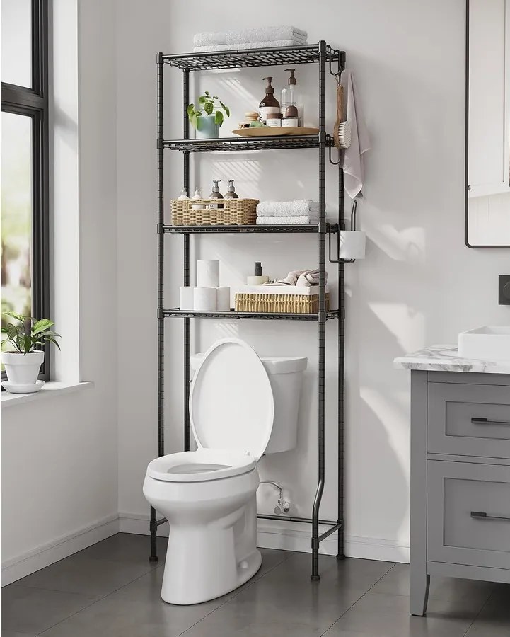 SONGMICS 4 Szintes WC feletti Állvány Akasztókkal és Toalettpapír-tartóval, 30 × 63 × 176 cm, Fekete