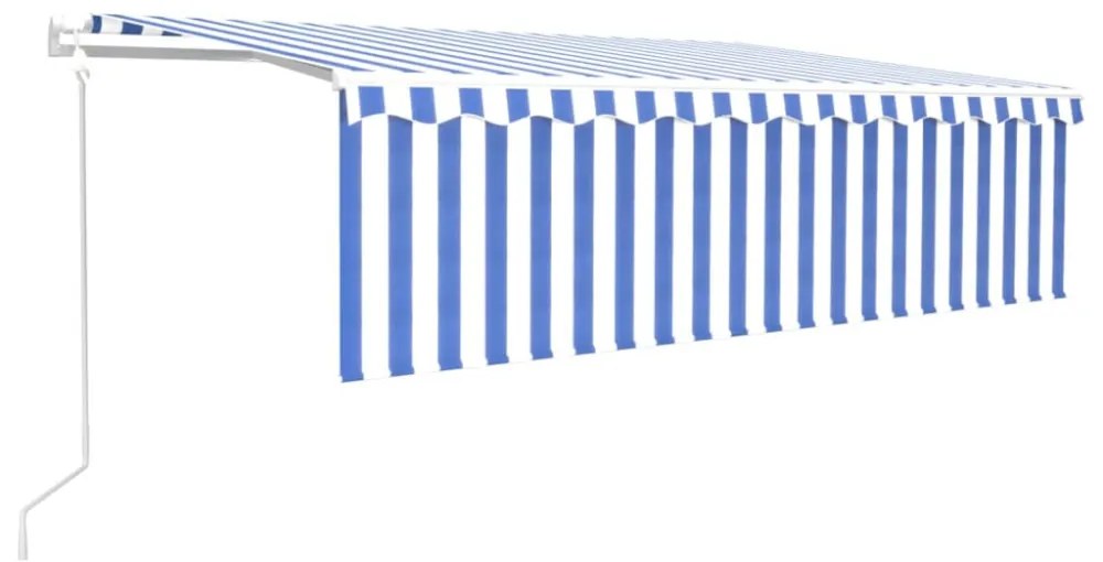 kék és fehér redőnyös, szélérzékelős, LED-es napellenző 5x3 m