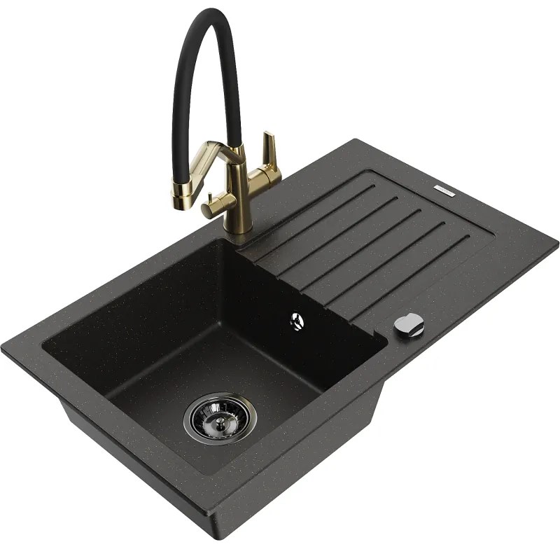 Mexen Pablo egymedencés gránit mosogató lefolyóval és Duo konyhai csappal, fekete/arany metál - 6510-75-671701-57-B