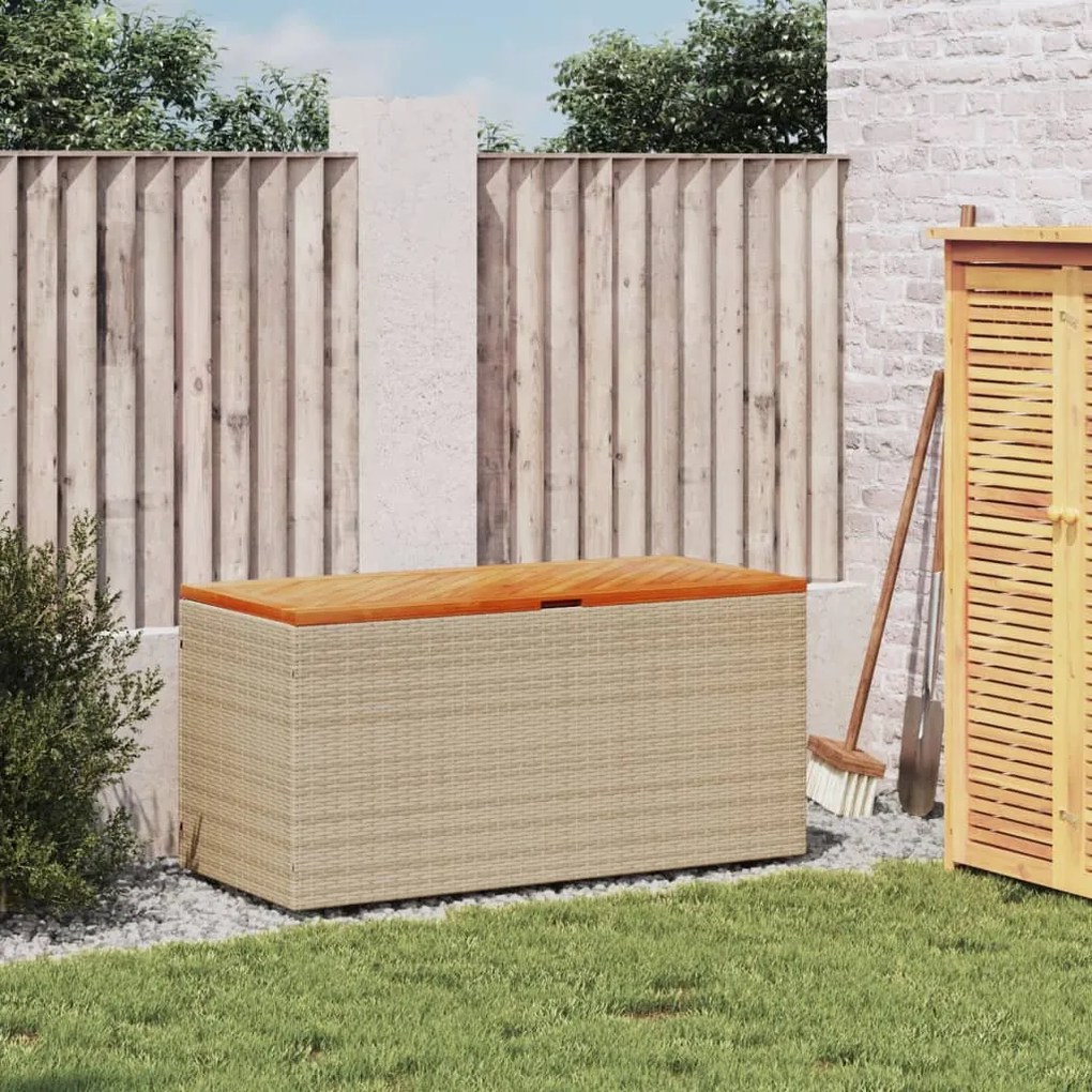bézs polyrattan és akácfa kerti tárolóláda 110 x 50 x 54 cm